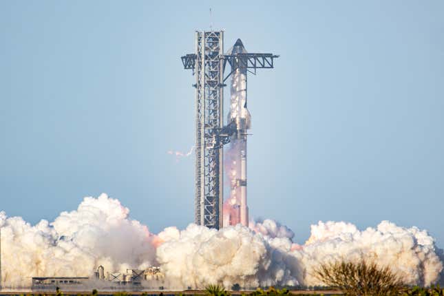 SpaceX Starship Flight 8 prepares for takeoff from Orbital Launch Pad A at Boca Chica beach on March 06, 2025 in Boca Chica Beach, Texas